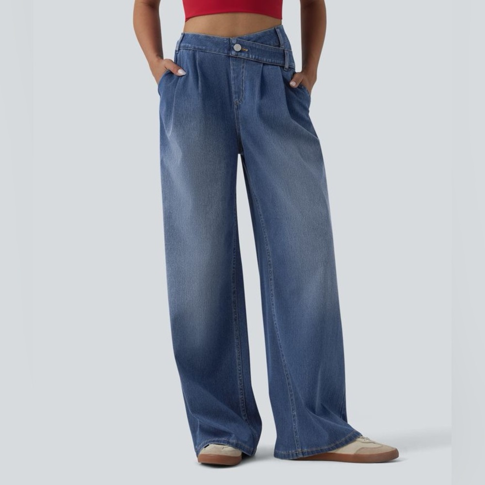 Halara Flex™ Asymmetric High Waisted Wide Leg Jeans with Pockets